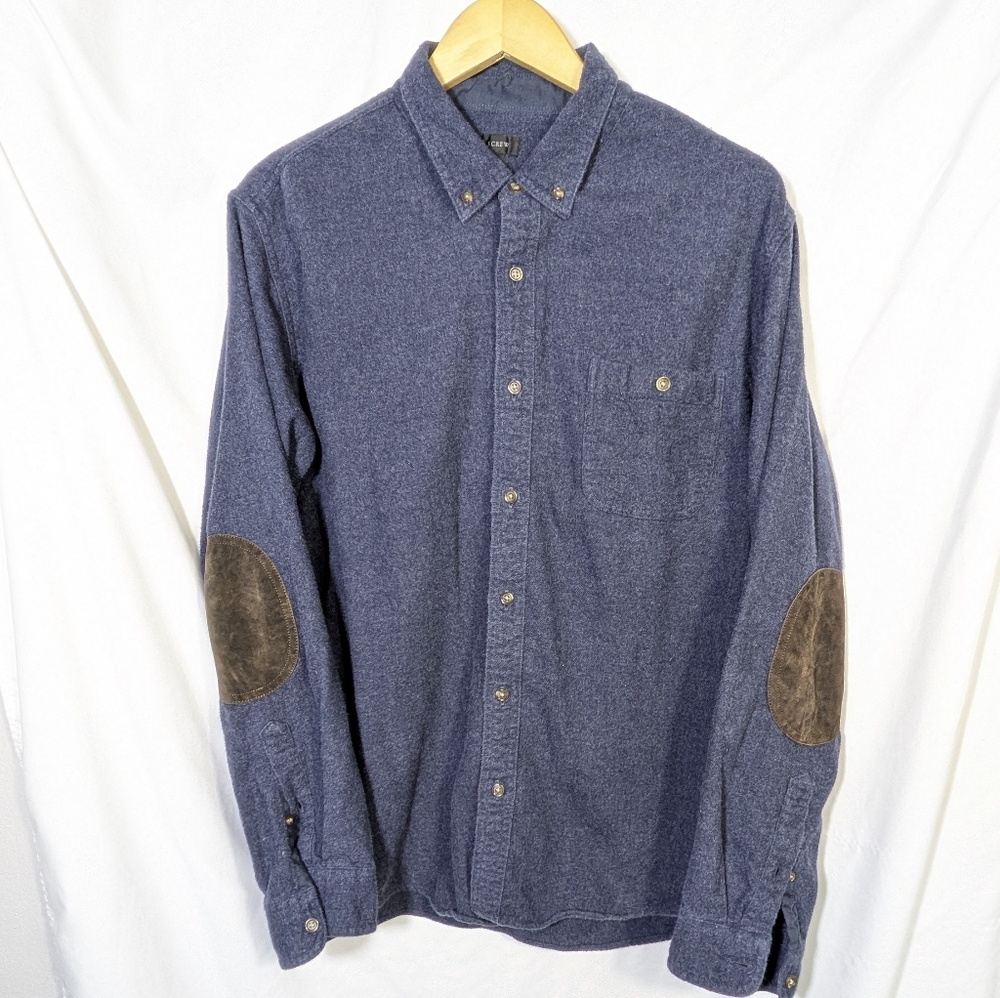 J. CREW Blue Cotton/Wool Blend Leather Elbow Patch Button Down Preppy Warm XL
